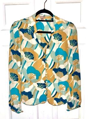H&M Floral Button-Front Blouse in Teal, Mustard & White Retro Style 6